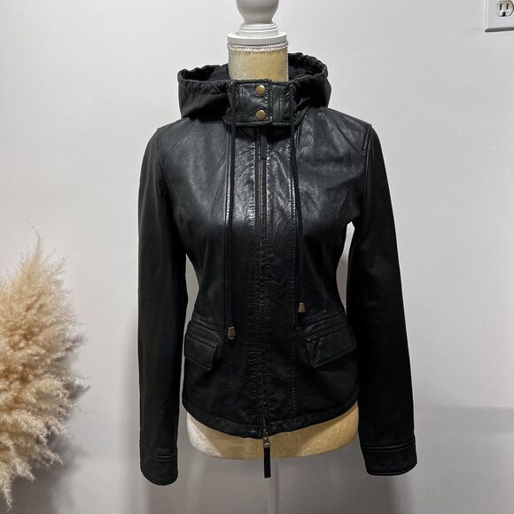 Joie Lamb Leather Silk Lined Black Moto Jacket Removable Hood Womens Size S - Picture 1 of 6